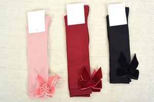 Plain Knee Socks With Velvet Big Bow Side - Dry Pink