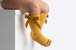 Plain Knee Socks With Velvet Big Bow Side - Bordeaux
