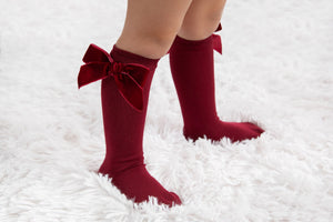 Plain Knee Socks With Velvet Big Bow Side - Dry Pink