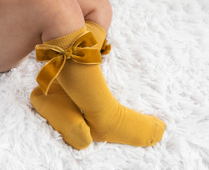 Plain Knee Socks With Velvet Big Bow Side - Bordeaux